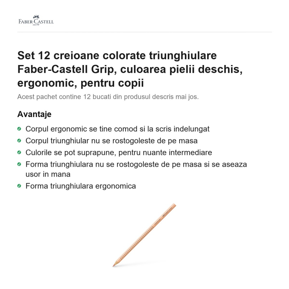Set 12 creioane colorate triunghiulare Faber-Castell Grip, culoarea pielii deschis, ergonomic, pentru copii [2]