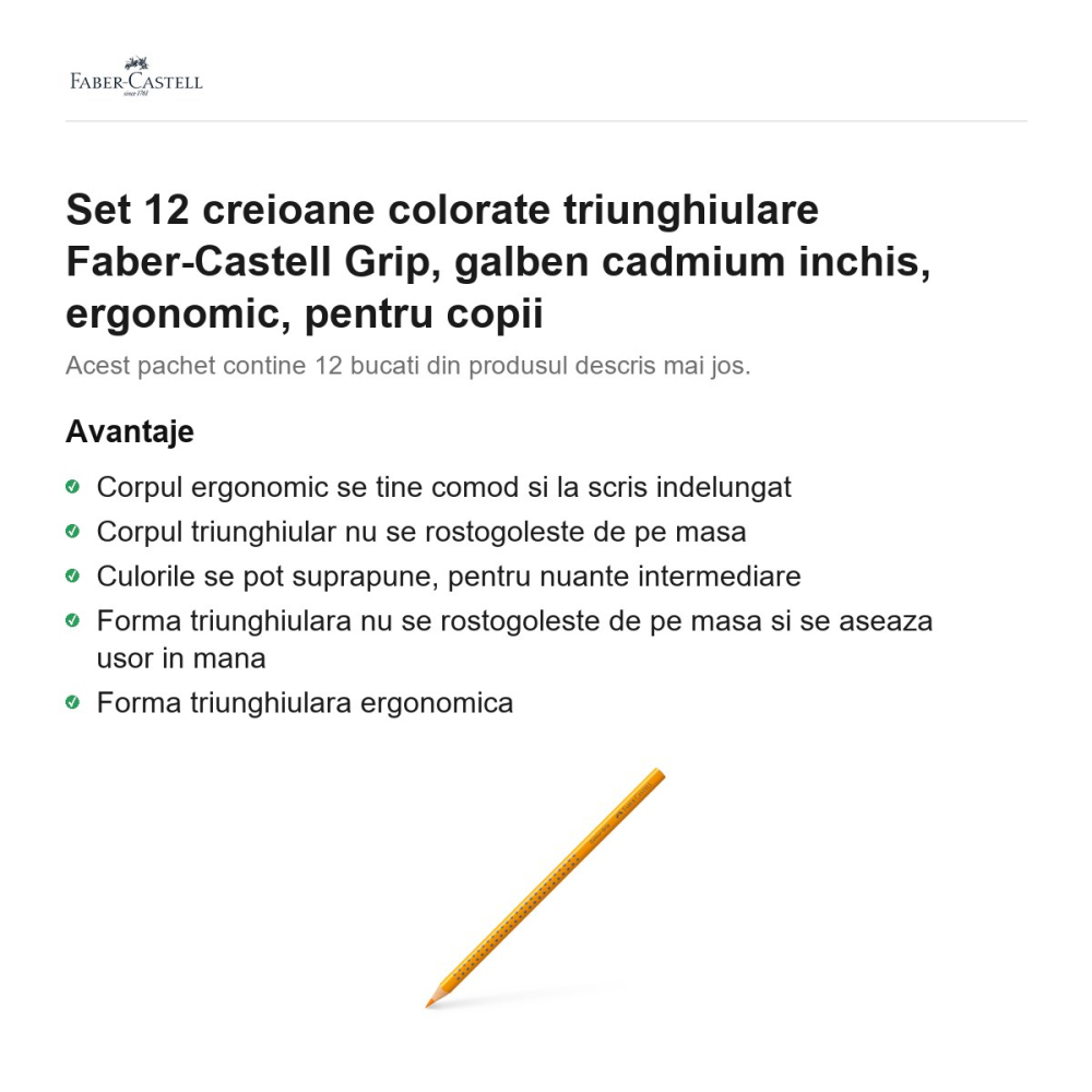 Set 12 creioane colorate triunghiulare Faber-Castell Grip, galben cadmium inchis, ergonomic, pentru copii [2]