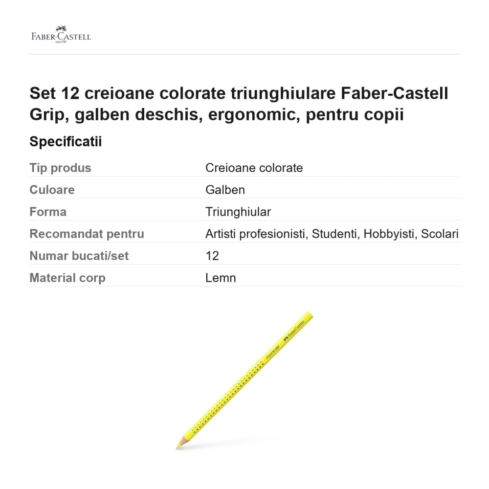 Set 12 creioane colorate triunghiulare Faber-Castell Grip, galben deschis, ergonomic, pentru copii [3]