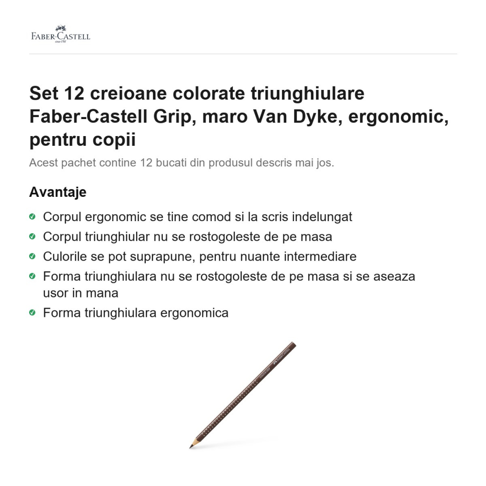 Set 12 creioane colorate triunghiulare Faber-Castell Grip, maro Van Dyke, ergonomic, pentru copii [2]