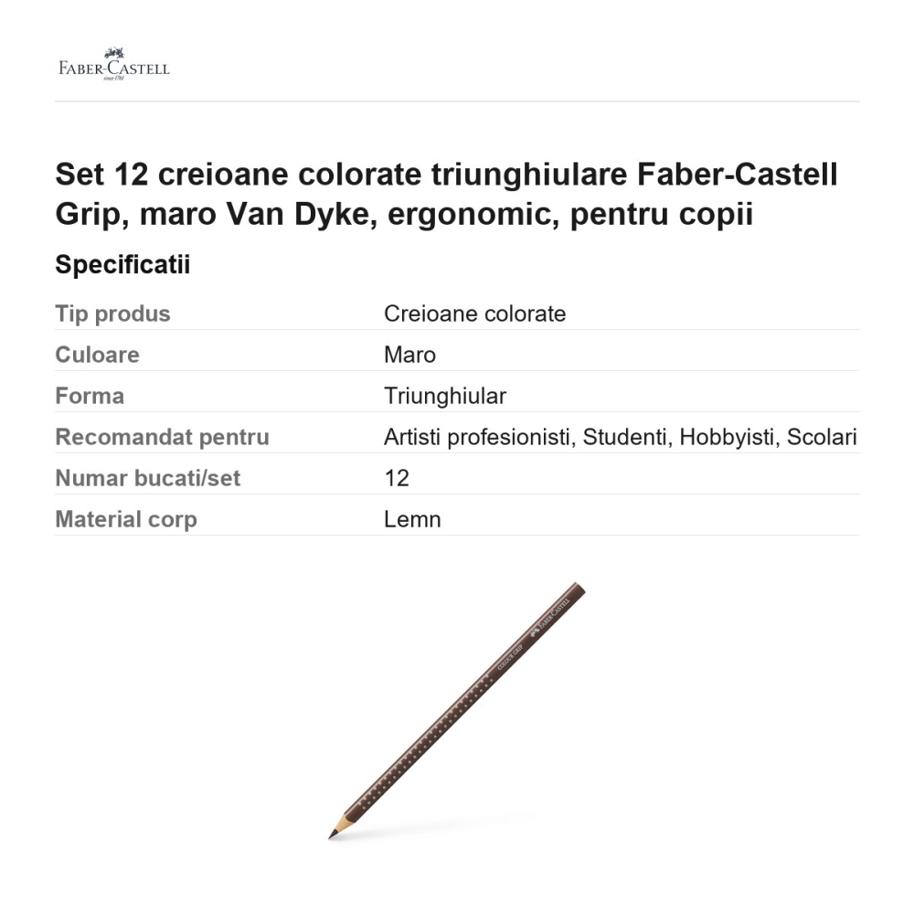 Set 12 creioane colorate triunghiulare Faber-Castell Grip, maro Van Dyke, ergonomic, pentru copii [3]