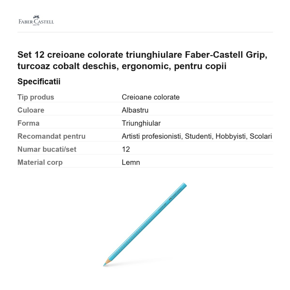 Set 12 creioane colorate triunghiulare Faber-Castell Grip, turcoaz cobalt deschis, ergonomic, pentru copii [3]