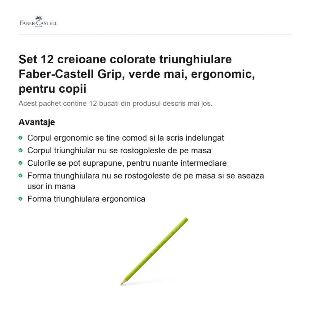 Set 12 creioane colorate triunghiulare Faber-Castell Grip, verde mai, ergonomic, pentru copii [2]