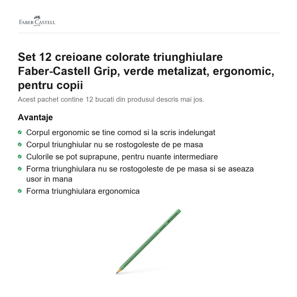 Set 12 creioane colorate triunghiulare Faber-Castell Grip, verde metalizat, ergonomic, pentru copii [2]