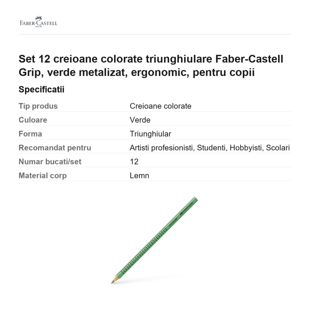 Set 12 creioane colorate triunghiulare Faber-Castell Grip, verde metalizat, ergonomic, pentru copii [3]
