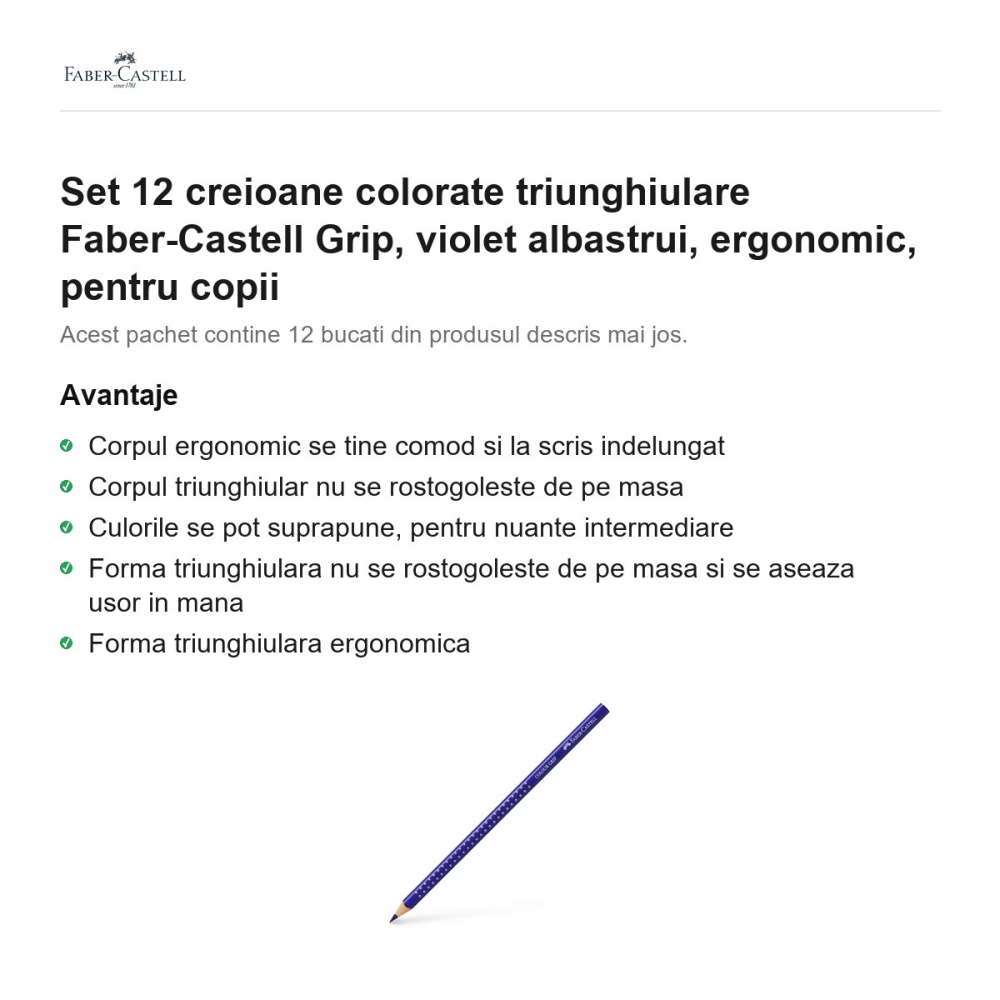 Set 12 creioane colorate triunghiulare Faber-Castell Grip, violet albastrui, ergonomic, pentru copii [2]