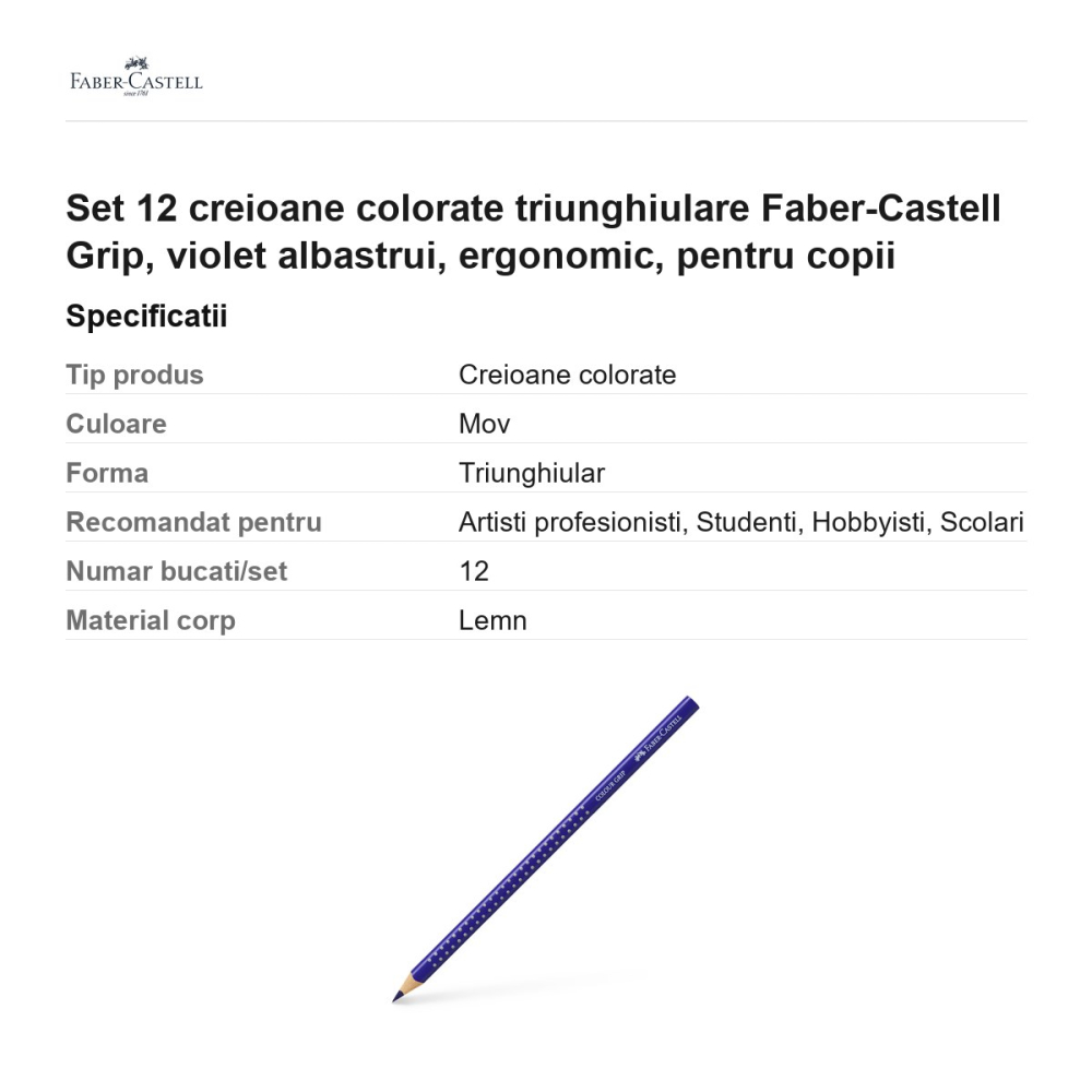 Set 12 creioane colorate triunghiulare Faber-Castell Grip, violet albastrui, ergonomic, pentru copii [3]