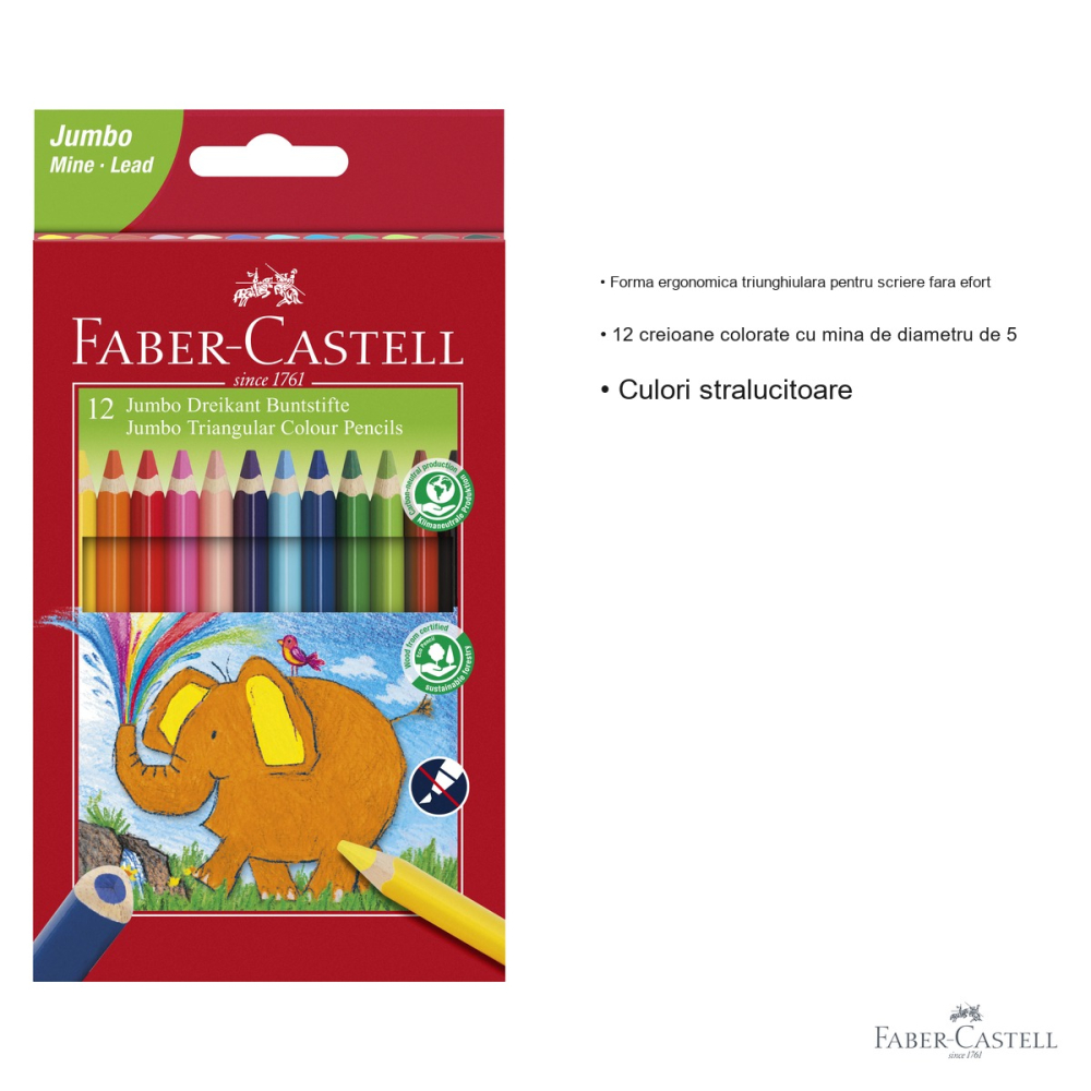 Set 12 creioane colorate triunghiulare Jumbo Faber-Castell, mina groasa 5.4 mm, forma ergonomica pentru copii [3]