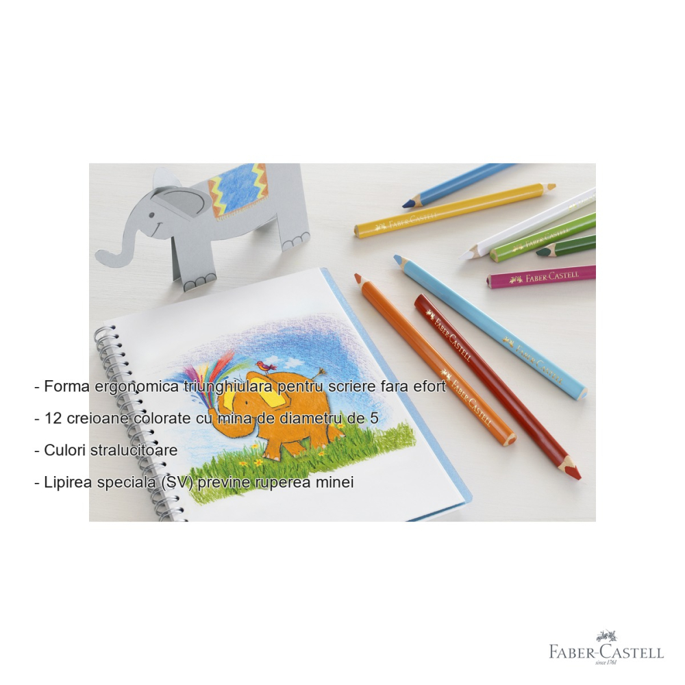Set 12 creioane colorate triunghiulare Jumbo Faber-Castell, mina groasa 5.4 mm, forma ergonomica pentru copii [2]