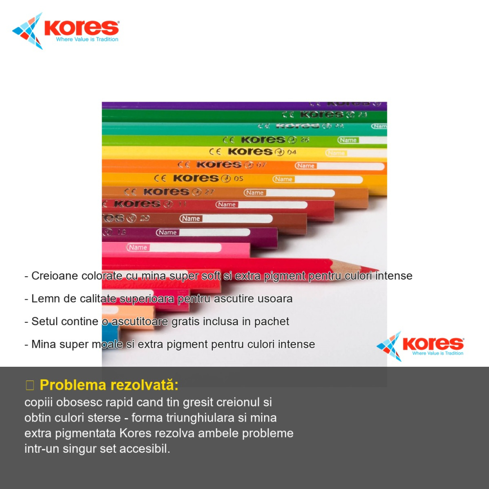 Set 12 creioane colorate triunghiulare Kores, mina super moale cu pigment intens, cu ascutitoare inclusa, pentru copii si scoala [2]