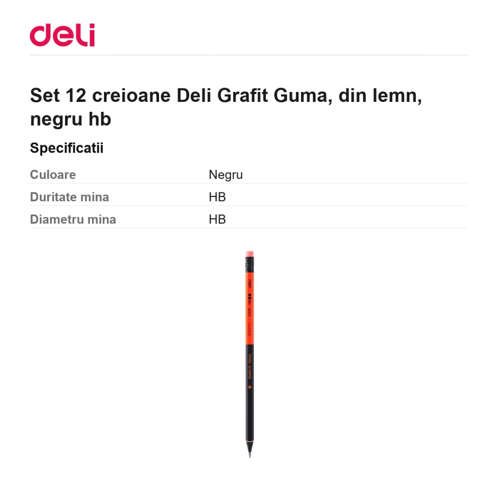 Set 12 creioane Deli Grafit Guma, din lemn, negru hb [3]