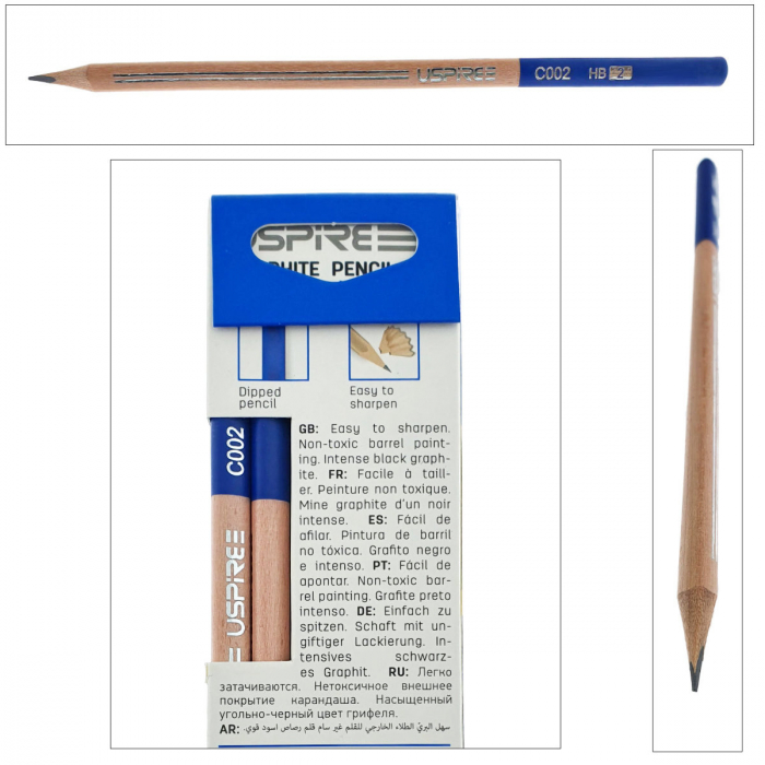 Set 12 creioane din lemn, cu mina HB de 2.2mm din grafit, model USPIRE C002-HB, lungime 17.5cm, forma triunghiulara cu un capat albastru, in cutie [3]