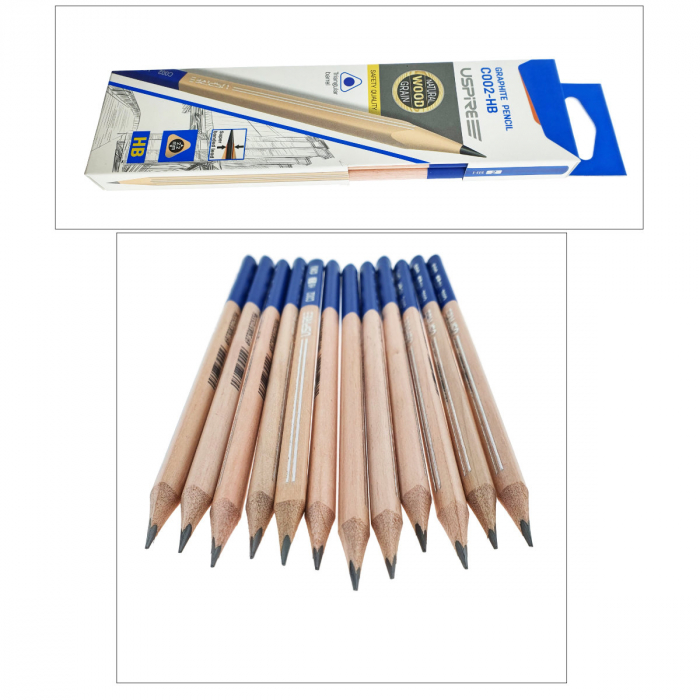 Set 12 creioane din lemn, cu mina HB de 2.2mm din grafit, model USPIRE C002-HB, lungime 17.5cm, forma triunghiulara cu un capat albastru, in cutie [4]