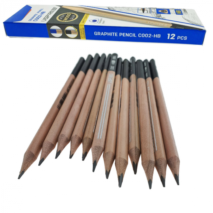 Set 12 creioane din lemn, cu mina HB de 2.2mm din grafit, model USPIRE C002-HB, lungime 17.5cm, forma triunghiulara cu un capat negru, in cutie [4]