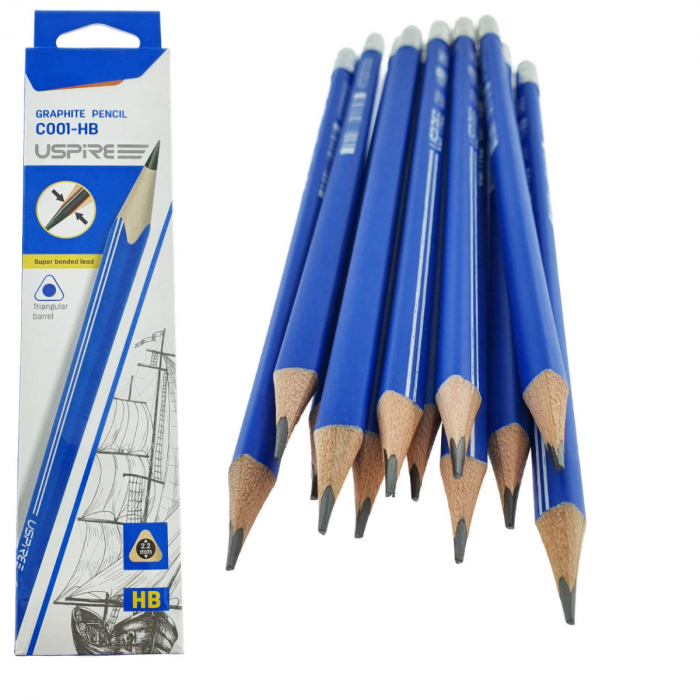 Set 12 creioane din lemn, cu radiera si mina HB de 2.2mm din grafit, model USPIRE C001-HB, lungime 19cm, forma triunghiulara, in cutie [2]
