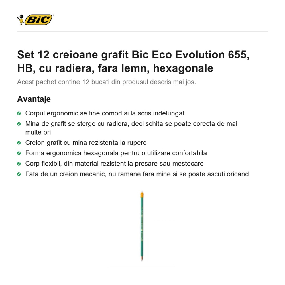 Set 12 creioane grafit Bic Eco Evolution 655, HB, cu radiera, fara lemn, hexagonale [2]