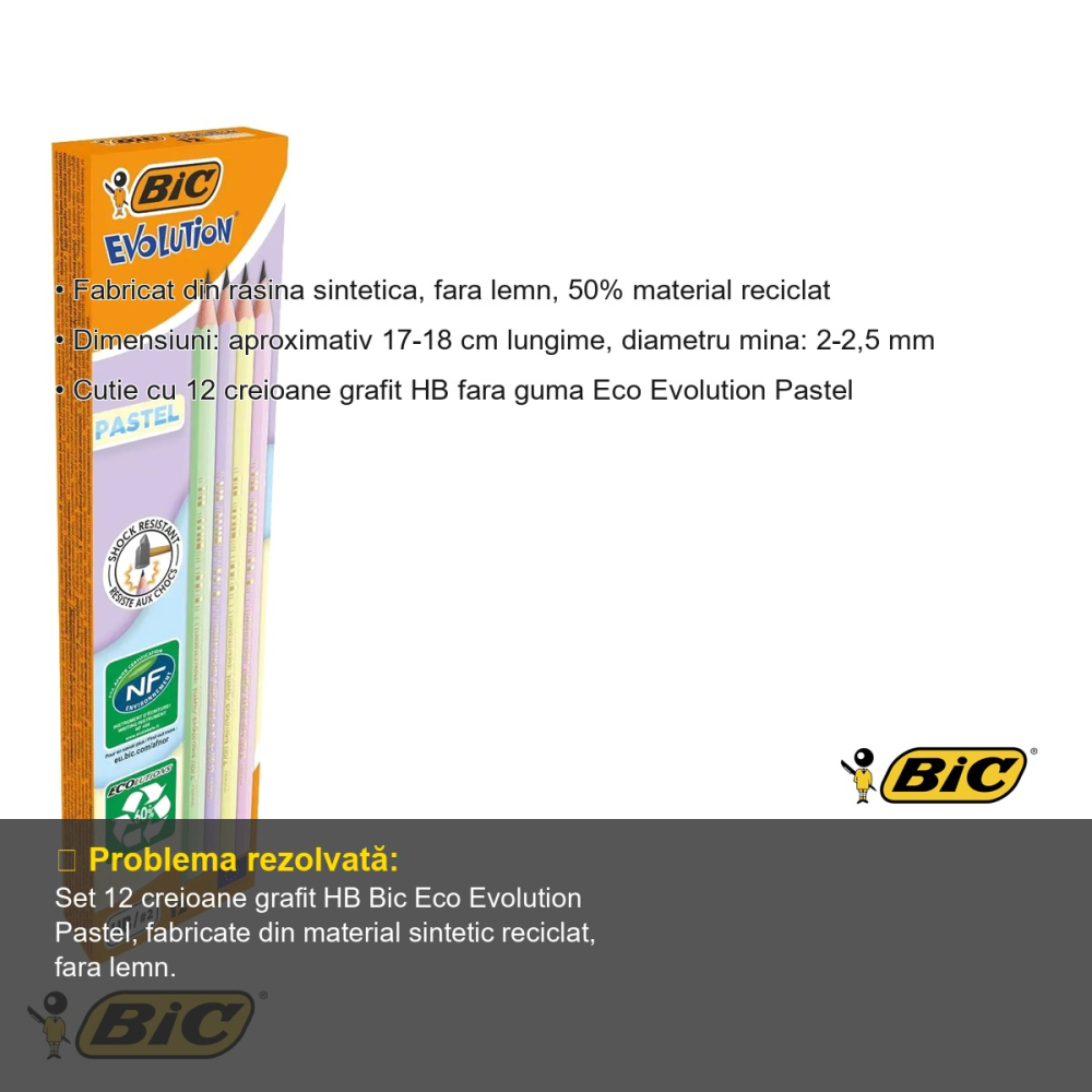 Set 12 creioane grafit Bic Eco Evolution Pastel, duritate HB, fara lemn, din material reciclat [3]