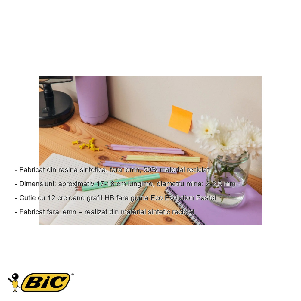Set 12 creioane grafit Bic Eco Evolution Pastel, duritate HB, fara lemn, din material reciclat [2]