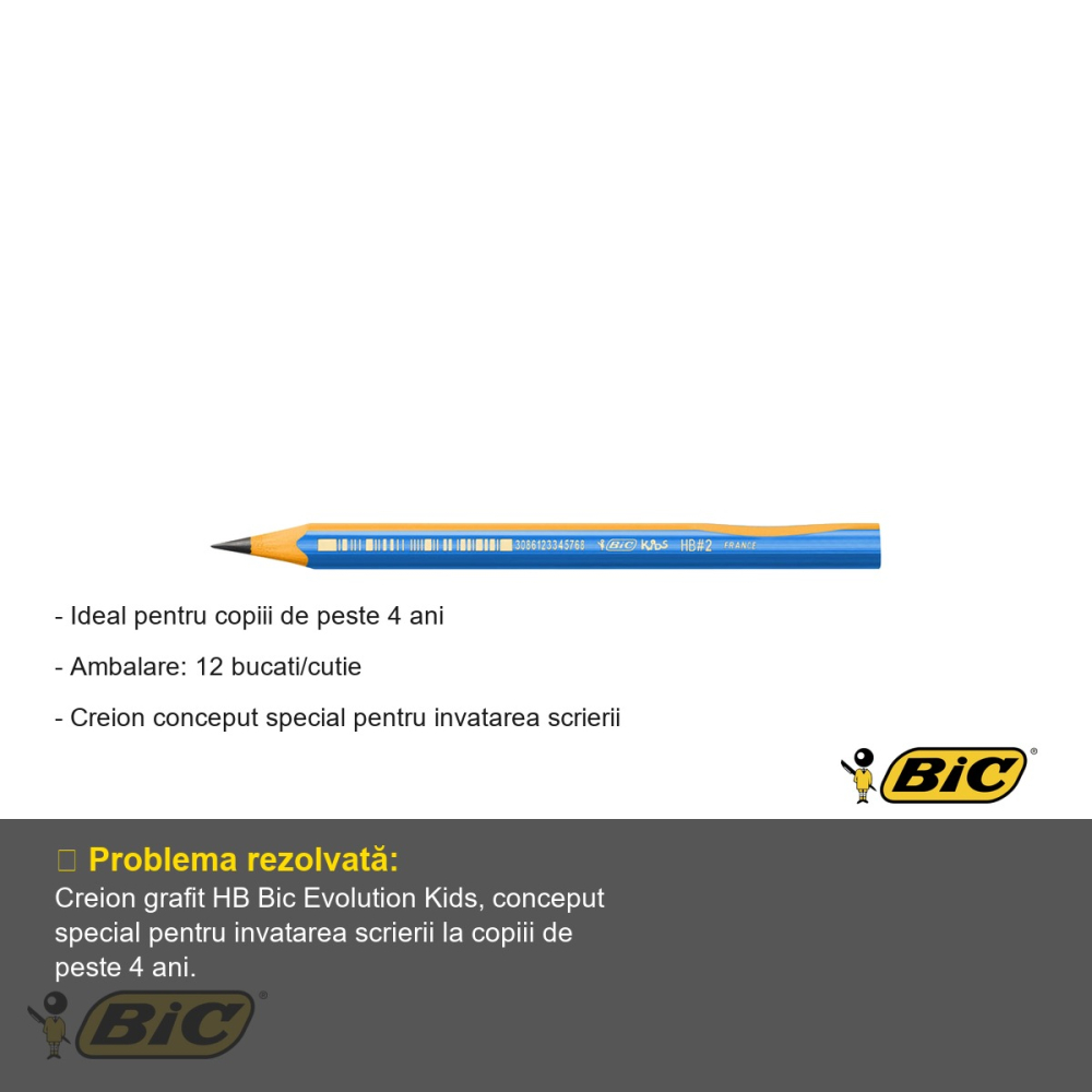 Set 12 creioane grafit Bic Evolution Kids HB, fara guma, cu linie de ghidare, pentru copii de la 4 ani [2]