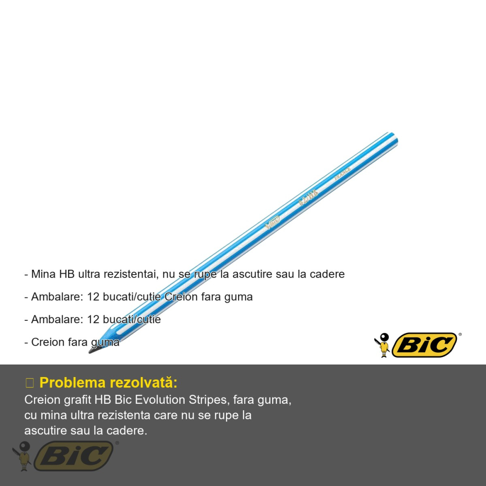 Set 12 creioane grafit Bic Evolution Stripes HB, mina ultra rezistenta, fara guma [2]