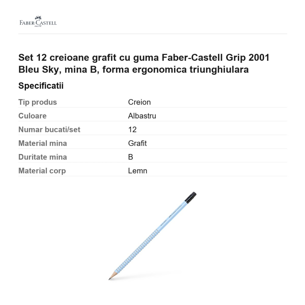 Set 12 creioane grafit cu guma Faber-Castell Grip 2001 Bleu Sky, mina B, forma ergonomica triunghiulara [3]