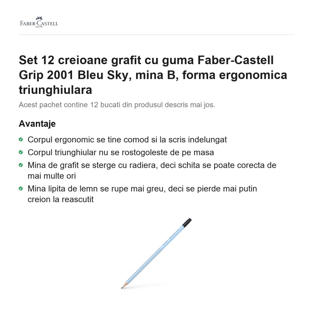 Set 12 creioane grafit cu guma Faber-Castell Grip 2001 Bleu Sky, mina B, forma ergonomica triunghiulara [2]