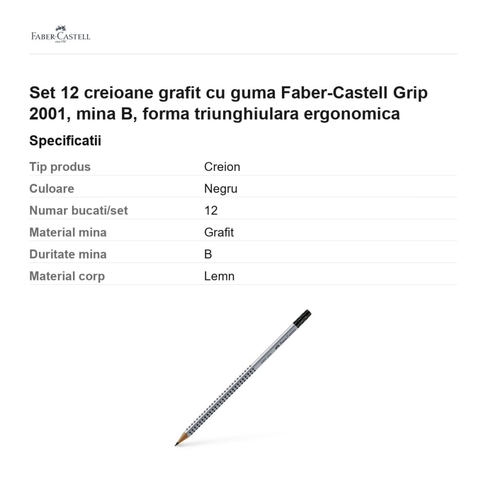 Set 12 creioane grafit cu guma Faber-Castell Grip 2001, mina B, forma triunghiulara ergonomica [3]