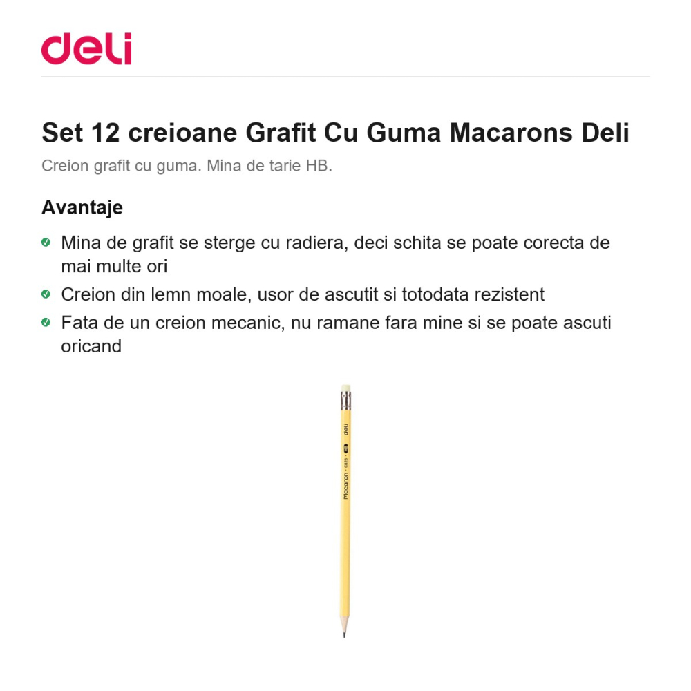 Set 12 creioane Grafit Cu Guma Macarons Deli [2]