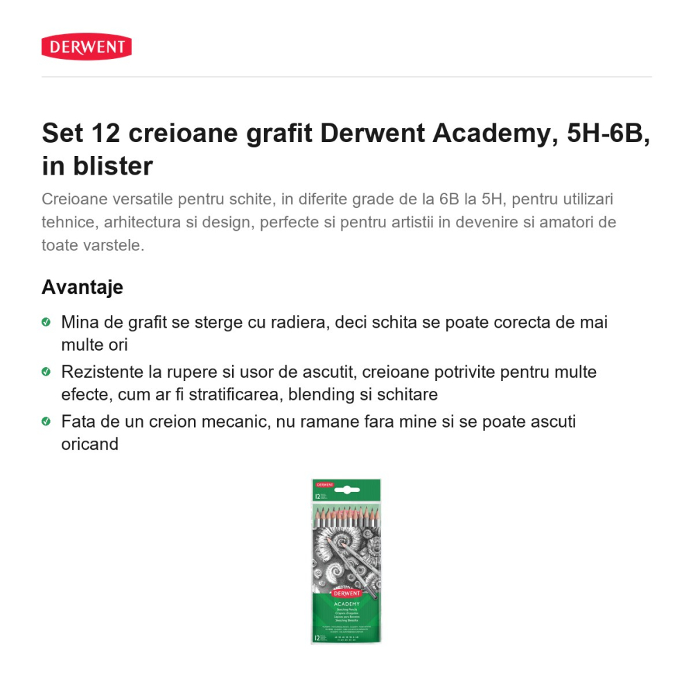 Set 12 creioane grafit Derwent Academy, 5H-6B, in blister [2]