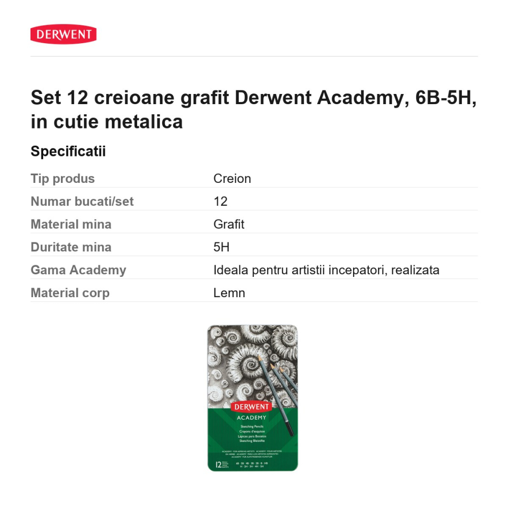Set 12 creioane grafit Derwent Academy, 6B-5H, in cutie metalica [3]