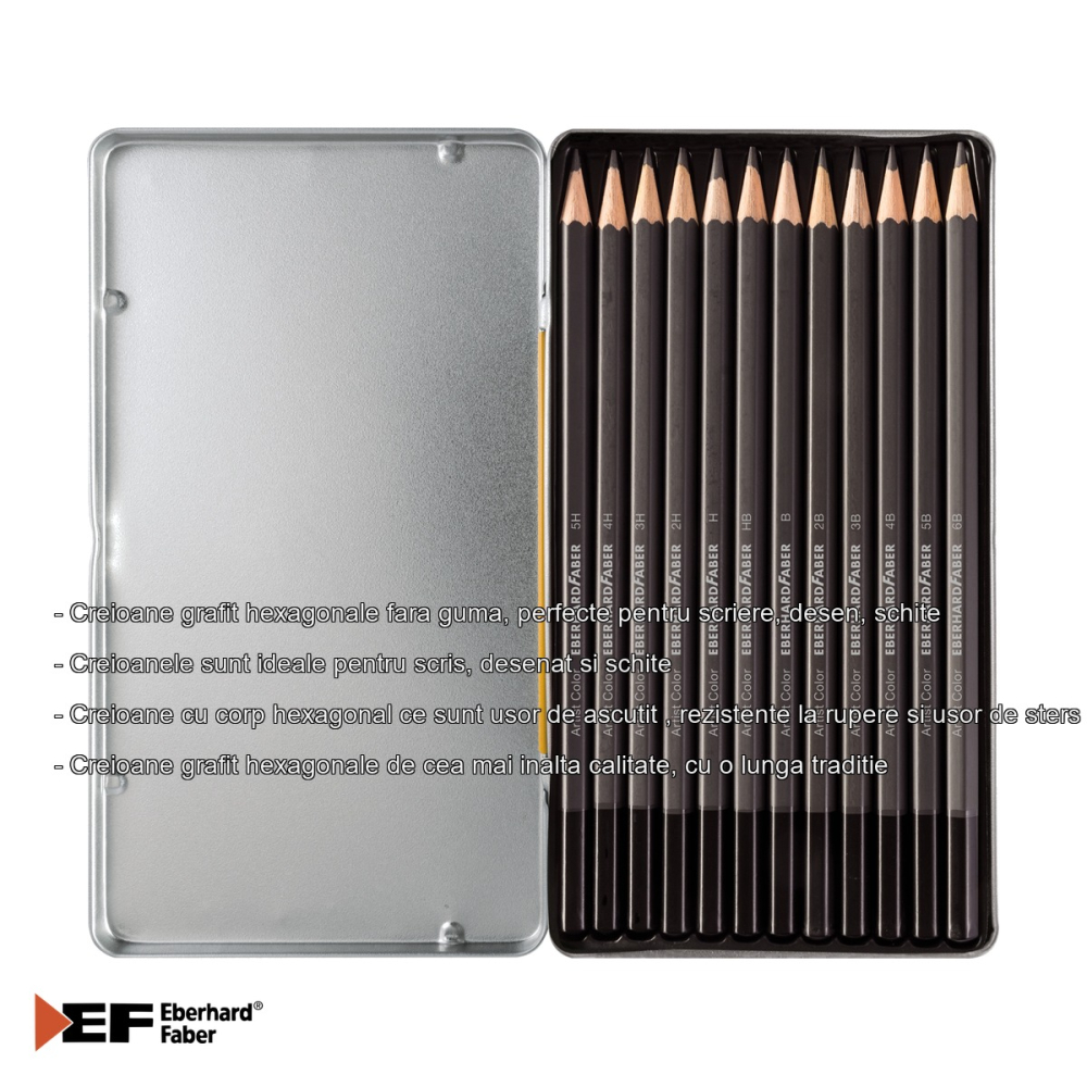 Set 12 creioane grafit Eberhard Faber, duritati multiple (5H-6B), cutie metalica, pentru desen si schite [2]