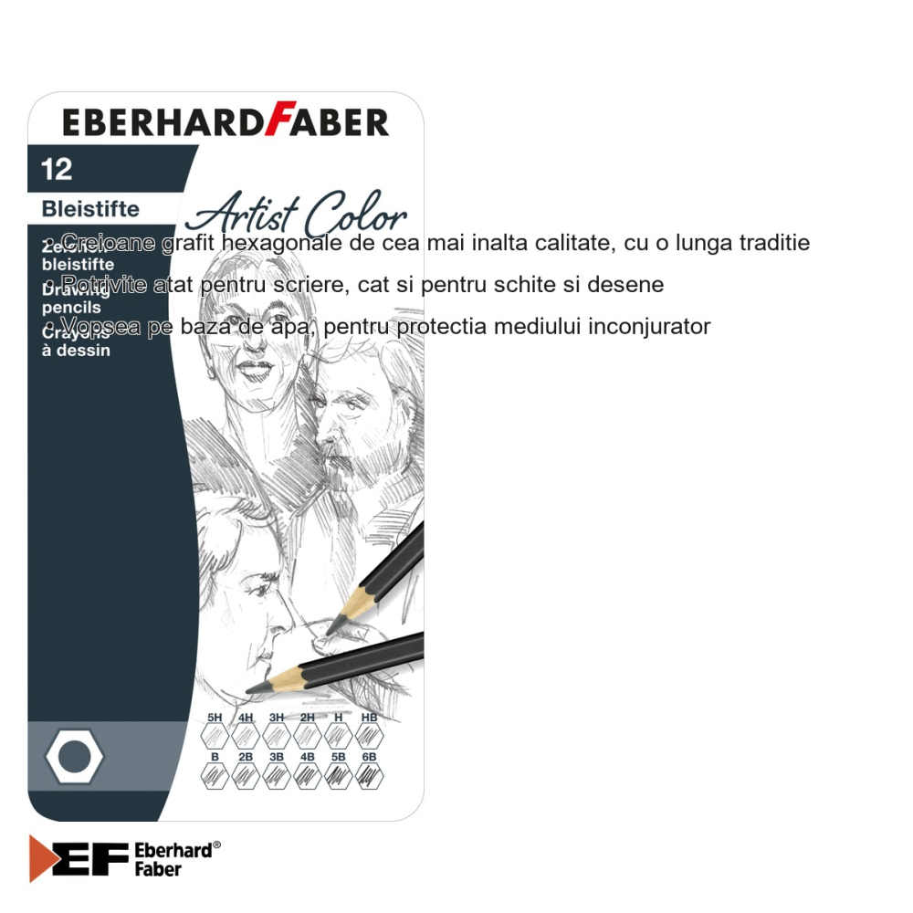 Set 12 creioane grafit Eberhard Faber, duritati multiple (5H-6B), cutie metalica, pentru desen si schite [3]