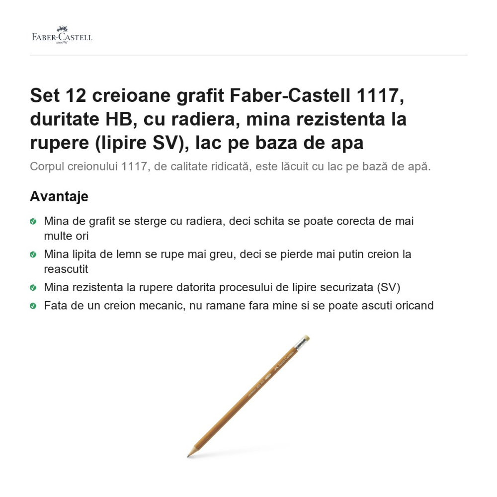Set 12 creioane grafit Faber-Castell 1117, duritate HB, cu radiera, mina rezistenta la rupere (lipire SV), lac pe baza de apa [2]