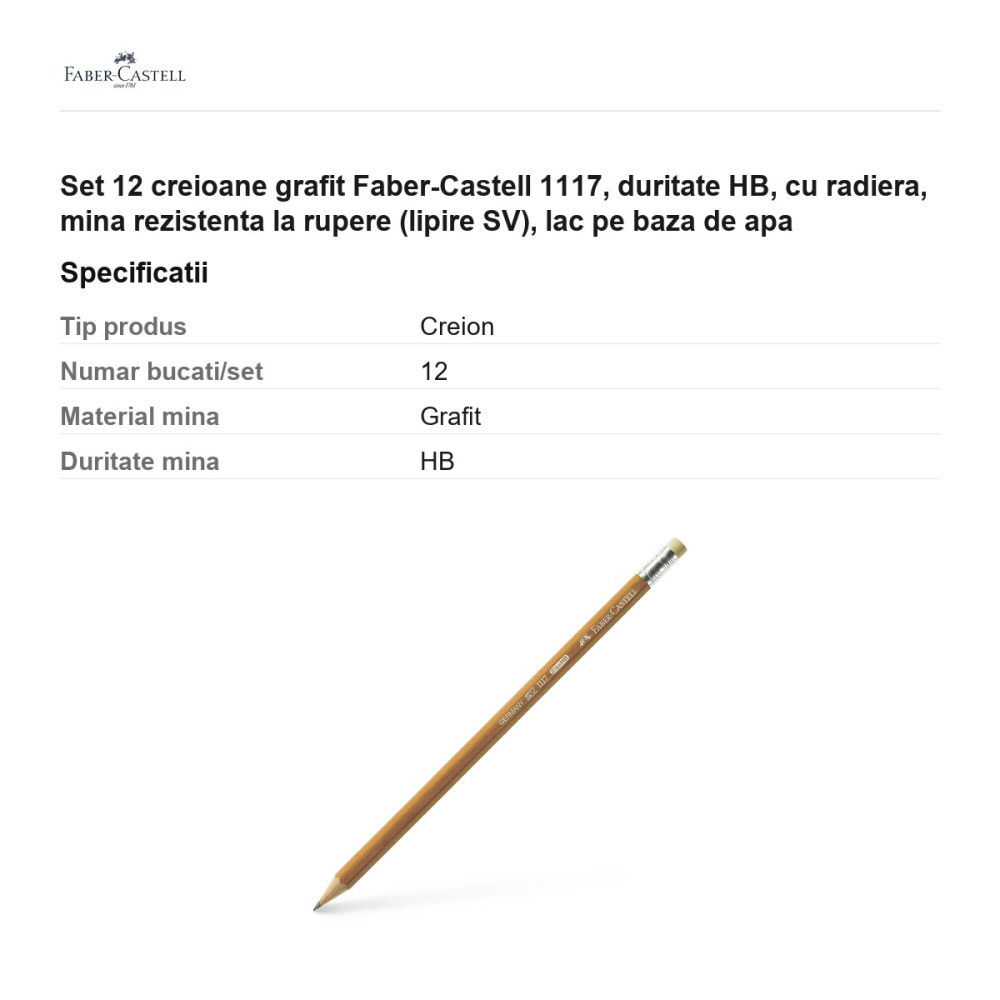 Set 12 creioane grafit Faber-Castell 1117, duritate HB, cu radiera, mina rezistenta la rupere (lipire SV), lac pe baza de apa [3]