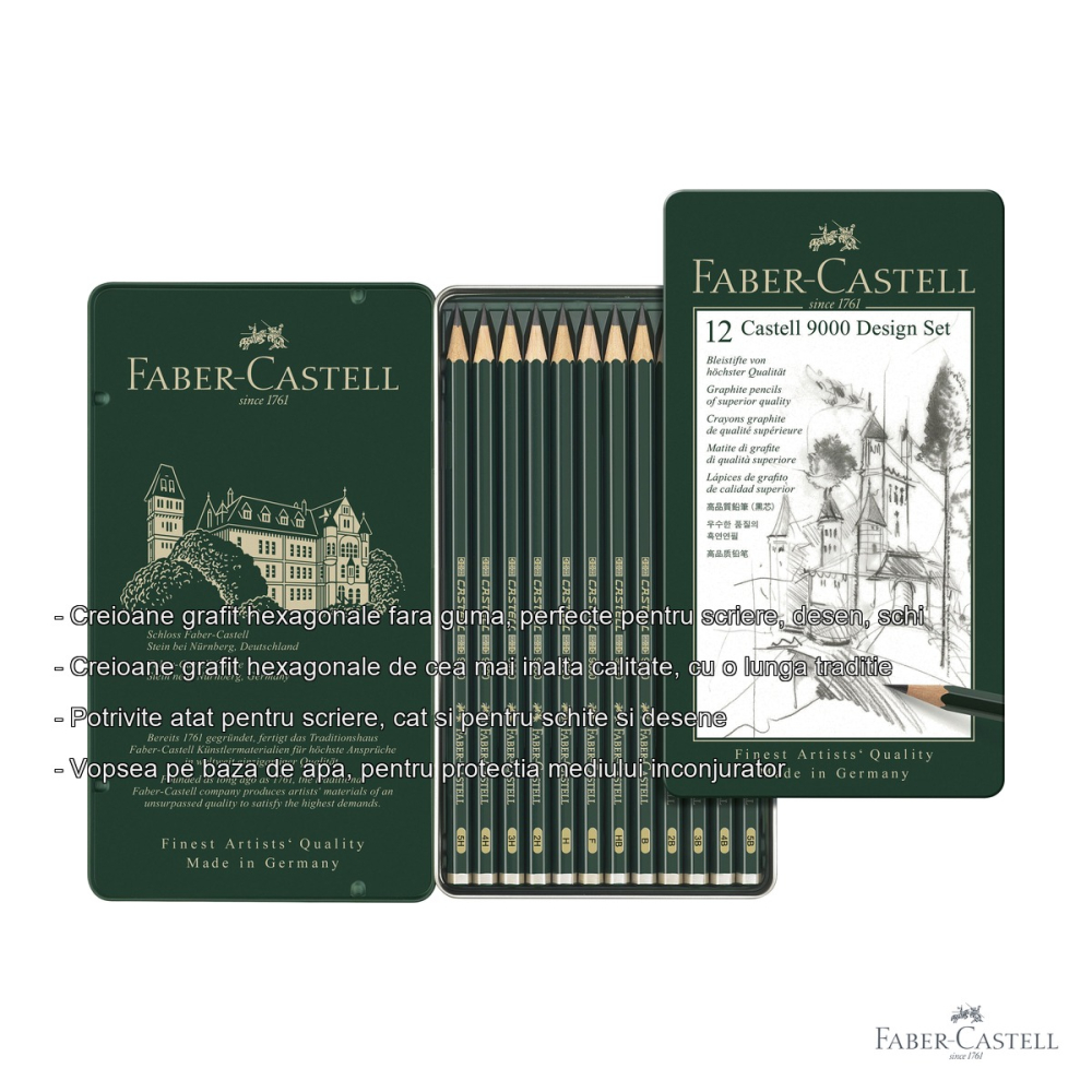 Set 12 creioane grafit Faber-Castell Castell 9000, duritate mixta, pentru desen si scriere profesionala [2]