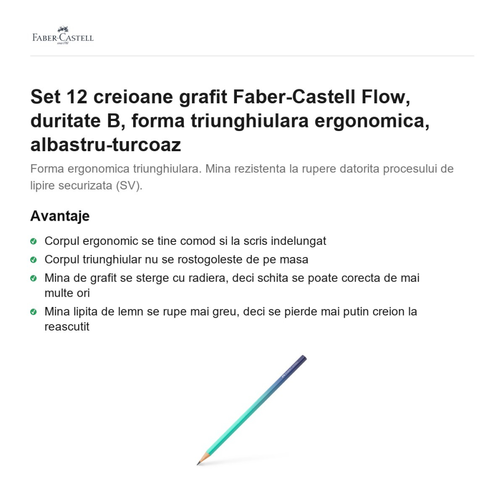 Set 12 creioane grafit Faber-Castell Flow, duritate B, forma triunghiulara ergonomica, albastru-turcoaz [2]