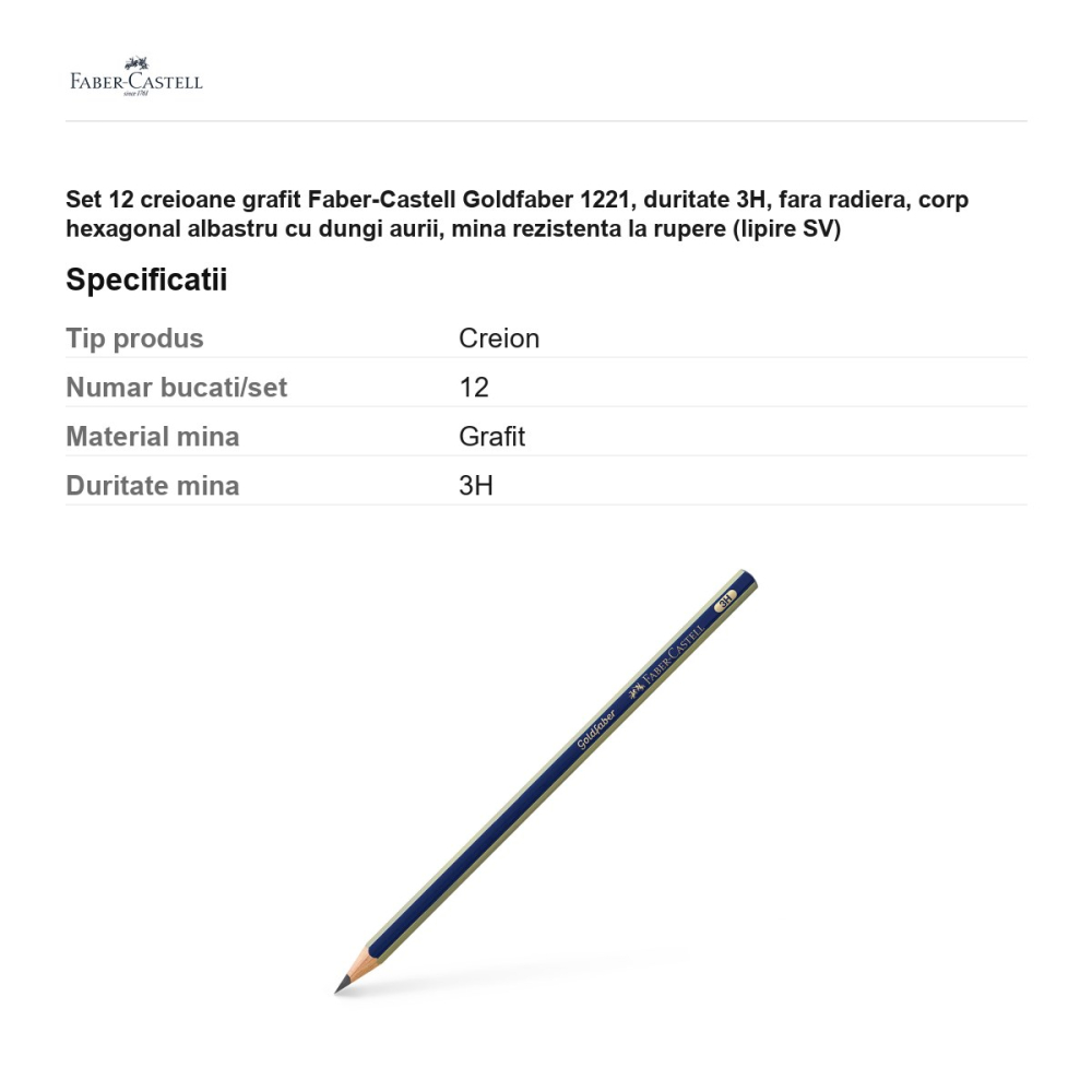 Set 12 creioane grafit Faber-Castell Goldfaber 1221, duritate 3H, fara radiera, corp hexagonal albastru cu dungi aurii, mina rezistenta la rupere (lipire SV) [3]