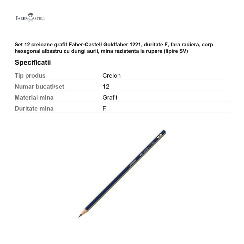 Set 12 creioane grafit Faber-Castell Goldfaber 1221, duritate F, fara radiera, corp hexagonal albastru cu dungi aurii, mina rezistenta la rupere (lipire SV) [3]