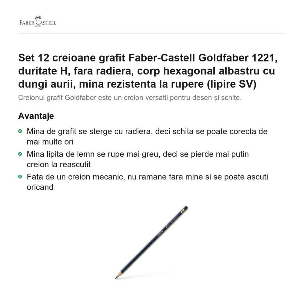Set 12 creioane grafit Faber-Castell Goldfaber 1221, duritate H, fara radiera, corp hexagonal albastru cu dungi aurii, mina rezistenta la rupere (lipire SV) [2]