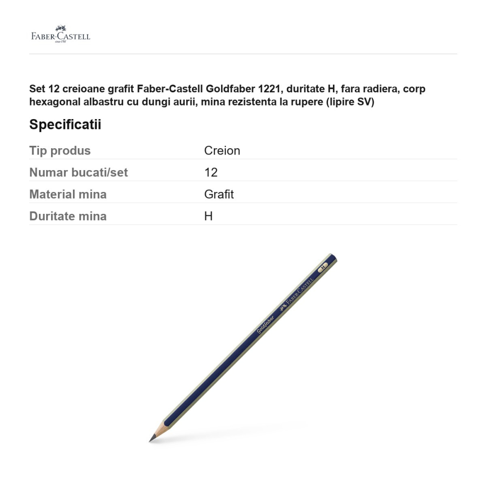 Set 12 creioane grafit Faber-Castell Goldfaber 1221, duritate H, fara radiera, corp hexagonal albastru cu dungi aurii, mina rezistenta la rupere (lipire SV) [3]