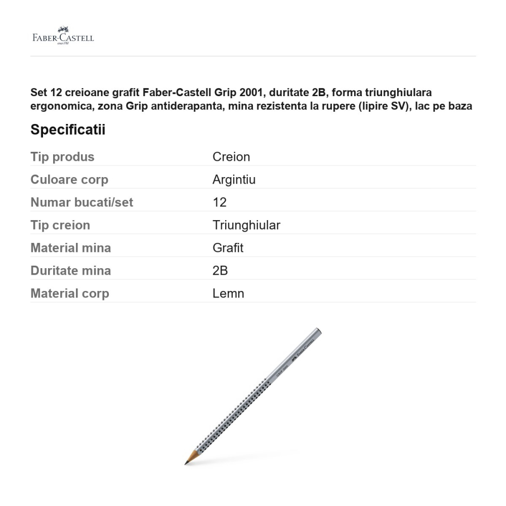 Set 12 creioane grafit Faber-Castell Grip 2001, duritate 2B, forma triunghiulara ergonomica, zona Grip antiderapanta, mina rezistenta la rupere (lipire SV), lac pe baza de apa, argintiu [3]