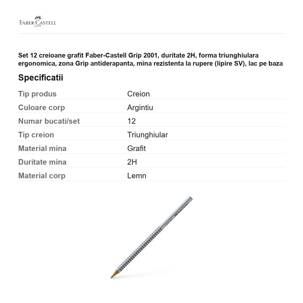 Set 12 creioane grafit Faber-Castell Grip 2001, duritate 2H, forma triunghiulara ergonomica, zona Grip antiderapanta, mina rezistenta la rupere (lipire SV), lac pe baza de apa, argintiu [3]