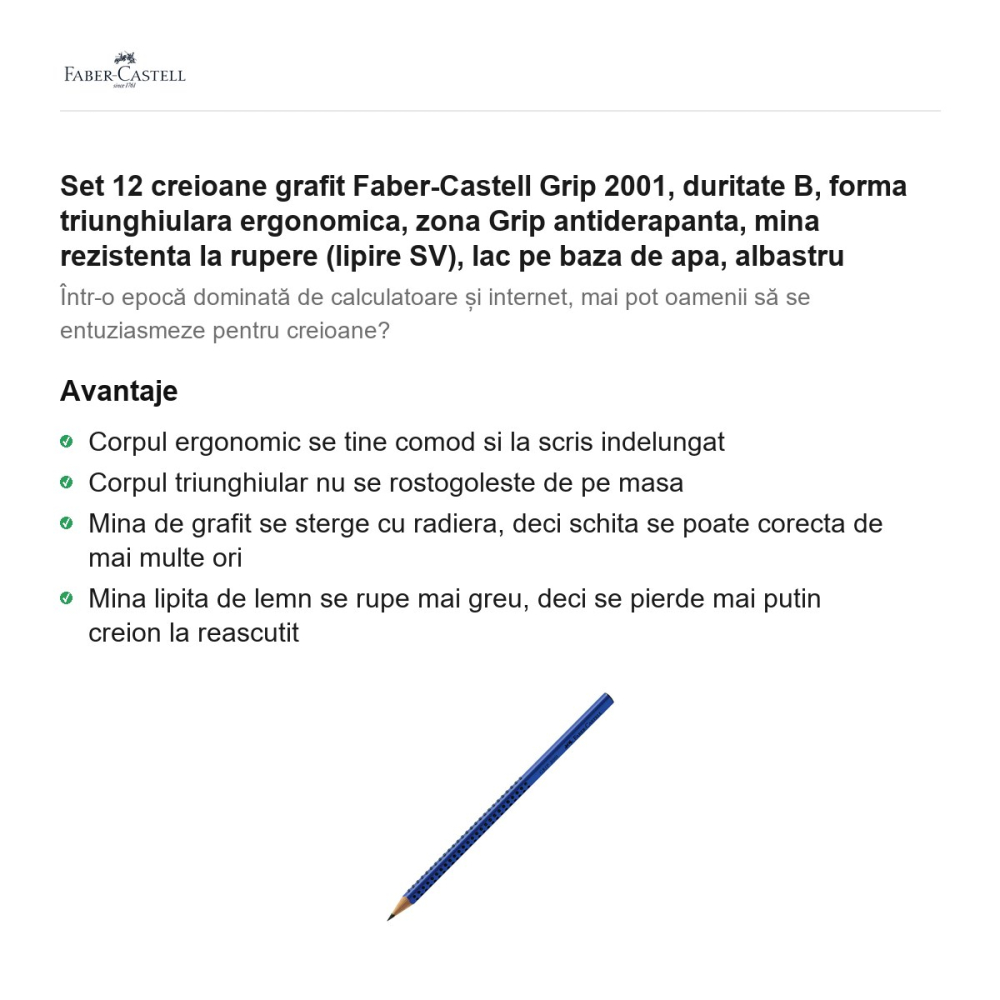 Set 12 creioane grafit Faber-Castell Grip 2001, duritate B, forma triunghiulara ergonomica, zona Grip antiderapanta, mina rezistenta la rupere (lipire SV), lac pe baza de apa, albastru [2]