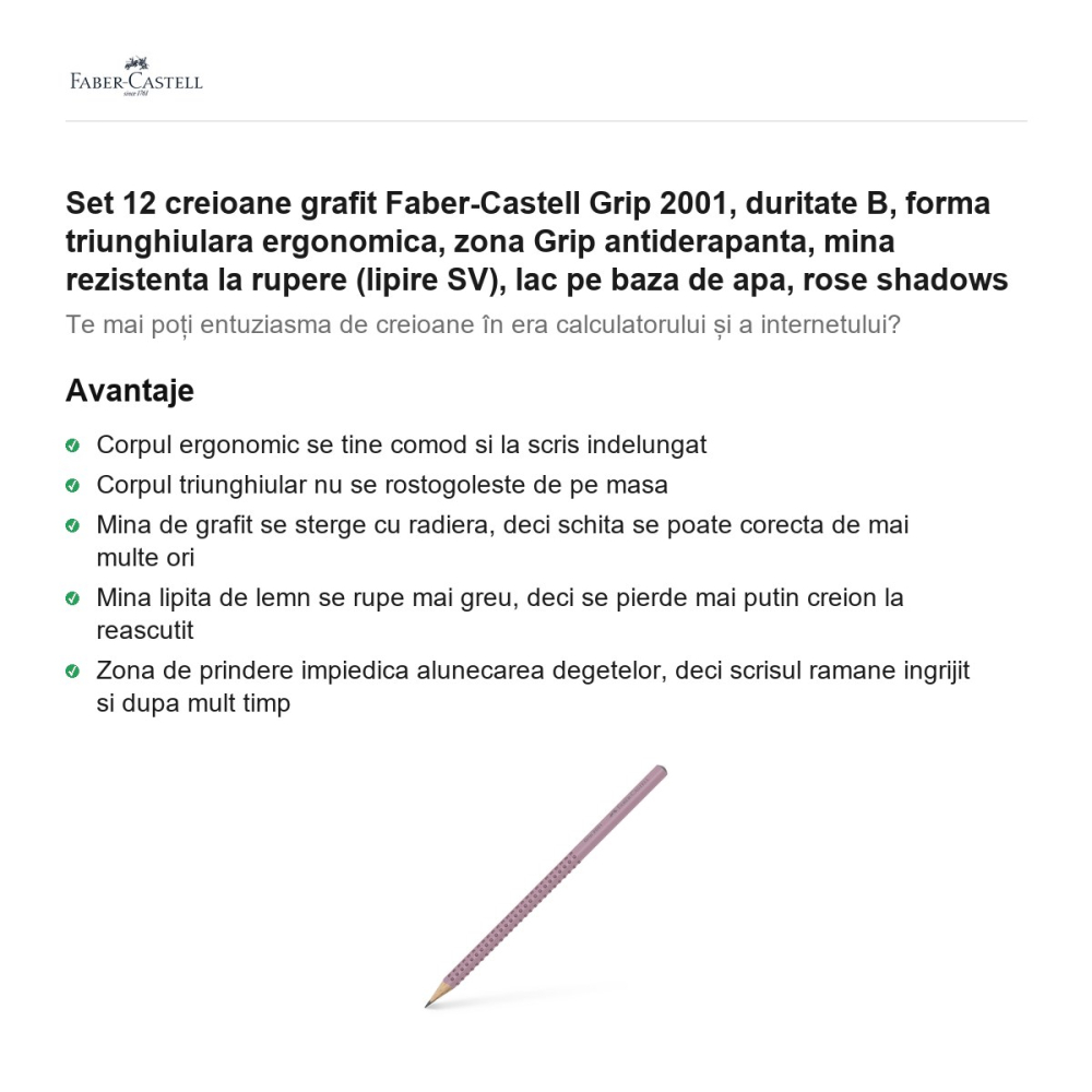 Set 12 creioane grafit Faber-Castell Grip 2001, duritate B, forma triunghiulara ergonomica, zona Grip antiderapanta, mina rezistenta la rupere (lipire SV), lac pe baza de apa, rose shadows [2]