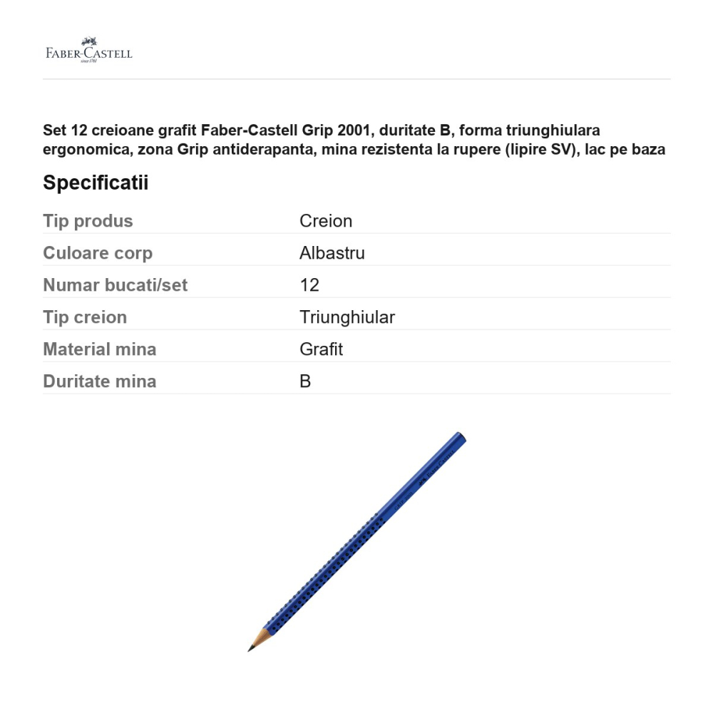 Set 12 creioane grafit Faber-Castell Grip 2001, duritate B, forma triunghiulara ergonomica, zona Grip antiderapanta, mina rezistenta la rupere (lipire SV), lac pe baza de apa, albastru [3]