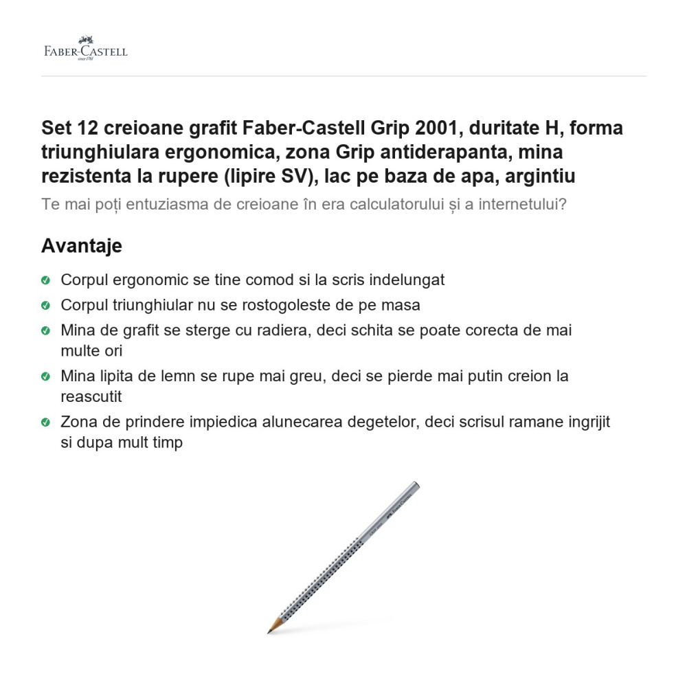 Set 12 creioane grafit Faber-Castell Grip 2001, duritate H, forma triunghiulara ergonomica, zona Grip antiderapanta, mina rezistenta la rupere (lipire SV), lac pe baza de apa, argintiu [2]