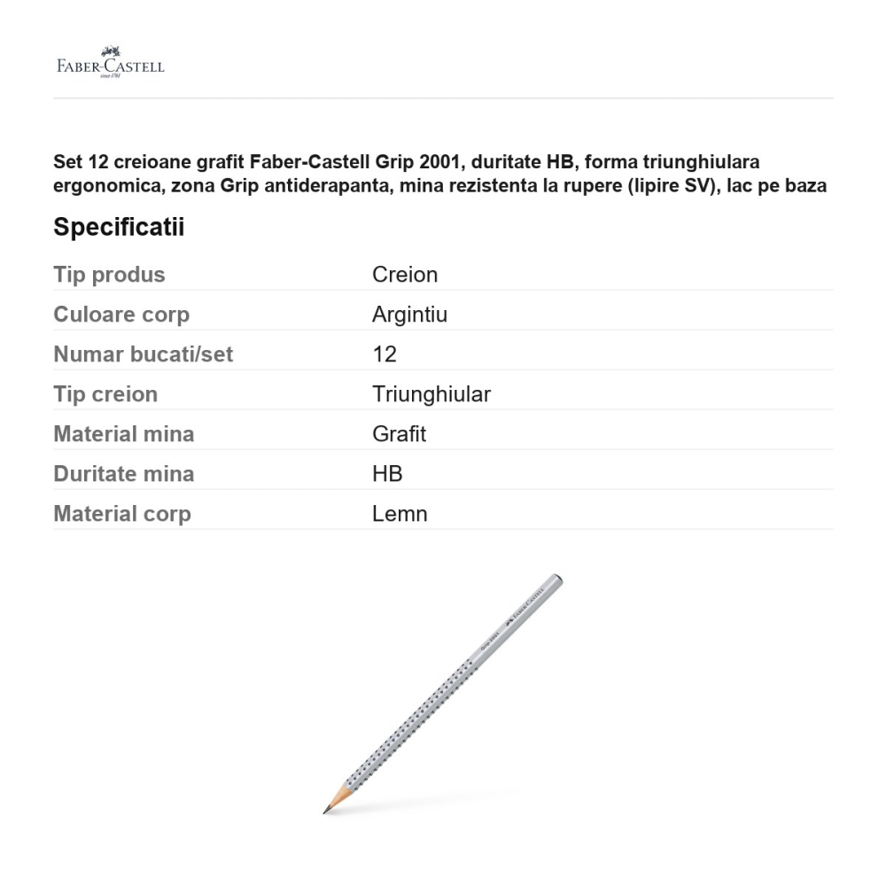 Set 12 creioane grafit Faber-Castell Grip 2001, duritate HB, forma triunghiulara ergonomica, zona Grip antiderapanta, mina rezistenta la rupere (lipire SV), lac pe baza de apa, argintiu [3]