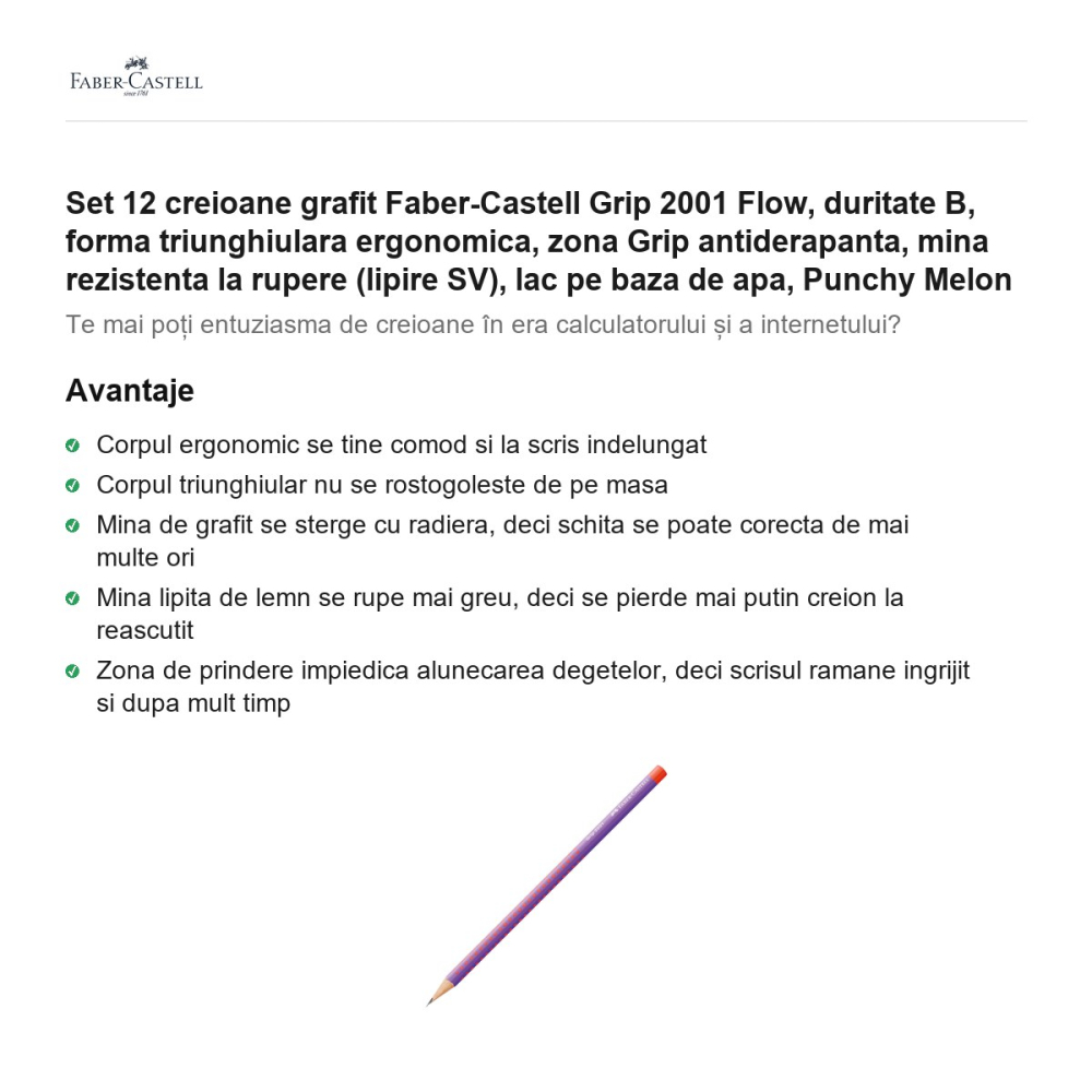 Set 12 creioane grafit Faber-Castell Grip 2001 Flow, duritate B, forma triunghiulara ergonomica, zona Grip antiderapanta, mina rezistenta la rupere (lipire SV), lac pe baza de apa, Punchy Melon [2]