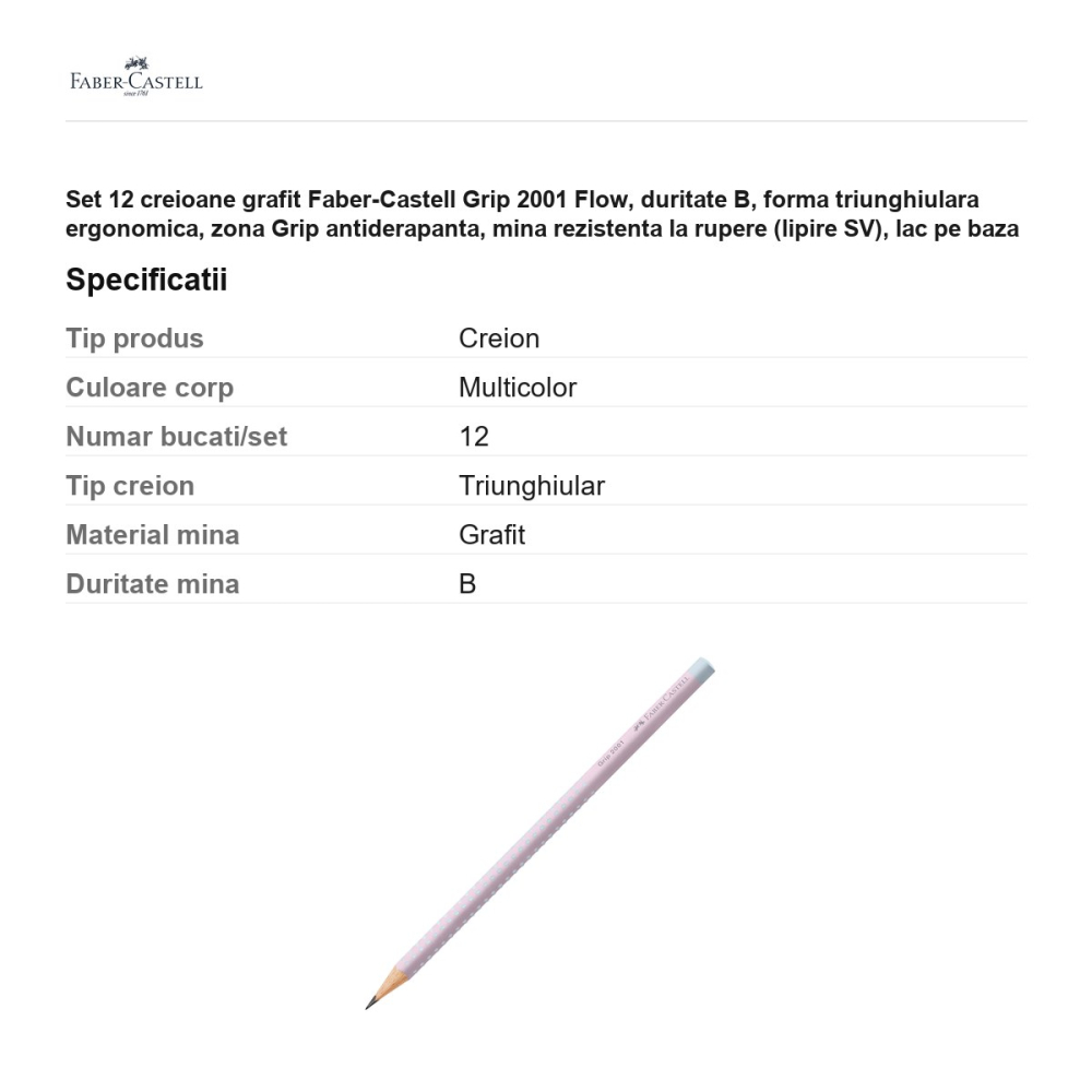 Set 12 creioane grafit Faber-Castell Grip 2001 Flow, duritate B, forma triunghiulara ergonomica, zona Grip antiderapanta, mina rezistenta la rupere (lipire SV), lac pe baza de apa, Blushing Sky [3]