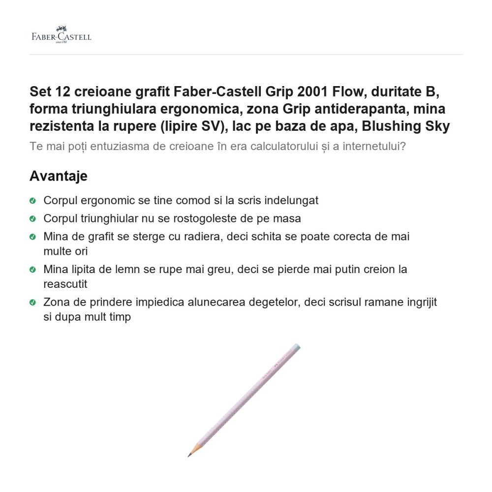 Set 12 creioane grafit Faber-Castell Grip 2001 Flow, duritate B, forma triunghiulara ergonomica, zona Grip antiderapanta, mina rezistenta la rupere (lipire SV), lac pe baza de apa, Blushing Sky [2]